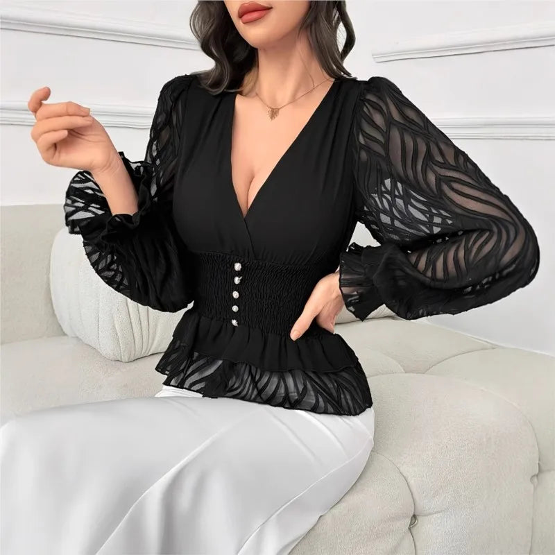 Elegante schwarze Damenbluse mit tiefem V-Ausschnitt & Laternenärmeln